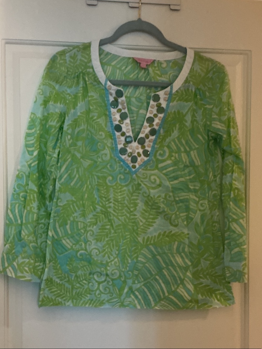 Lilly Pulitzer Green Leaf Print Tunic with Embellished V-Neck